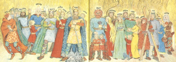 The pantheon of Norse gods.  Key figures include: Odin, father of the gods; Thor, the thunder god; Frigg, Odin's wife; Frey and Freya; Balder, god of beauty; Heimdall, the watchman; and Loki, the trickster god of fire.